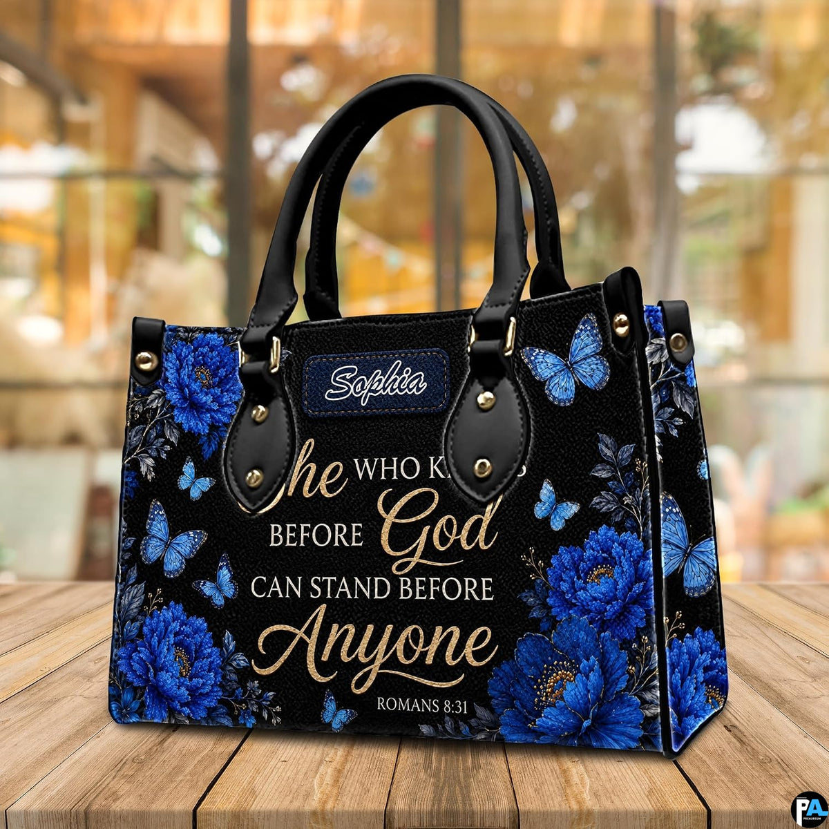 Dimensions diagram displaying size specifications for royal blue floral handbag and wallet set.