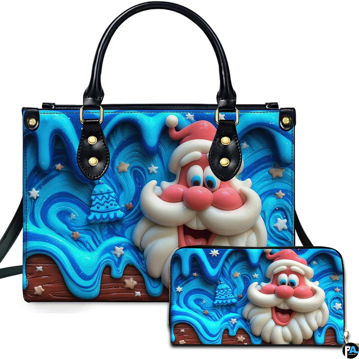 Holiday handbag and matching wallet featuring 3D clay Santa Claus motif on blue drip glaze