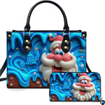 Holiday handbag and matching wallet featuring 3D clay Santa Claus motif on blue drip glaze