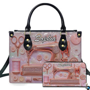 Studio presentation of rose gold sewing machine design beside matching rectangular companion accessory.