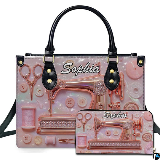 Studio presentation of rose gold sewing machine design beside matching rectangular companion accessory.