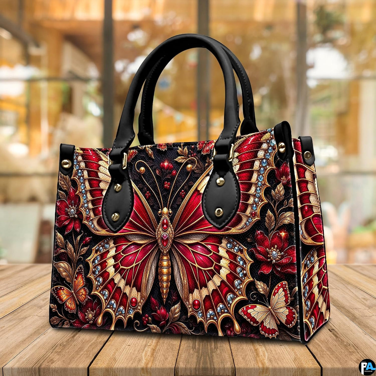Side profile of crimson butterfly handbag showing clean seams and dark botanical pattern