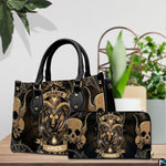 Gothic Ram Zodiac Handbag and continental wallet set showcased on a wooden table beside plants.