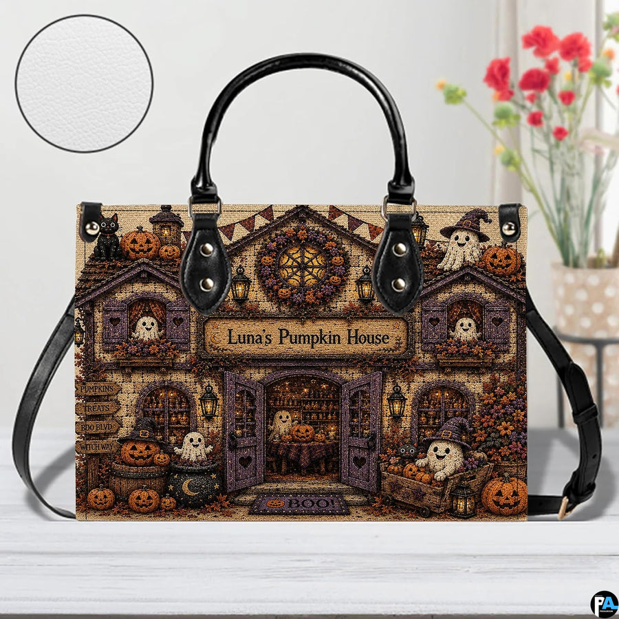 Side profile highlighting the continuous print and rich autumn hues of this cute ghost art accessory.