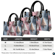 Scale comparison diagram showing the pastel holiday pine tree art composition across three formats