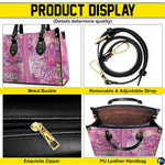 Top-down view of pink handbag showing dual handles and interior storage opening.