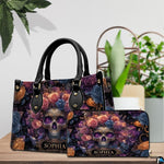 Cosmic skull floral handbag on white wooden table beside floral vase with texture swatch inset.