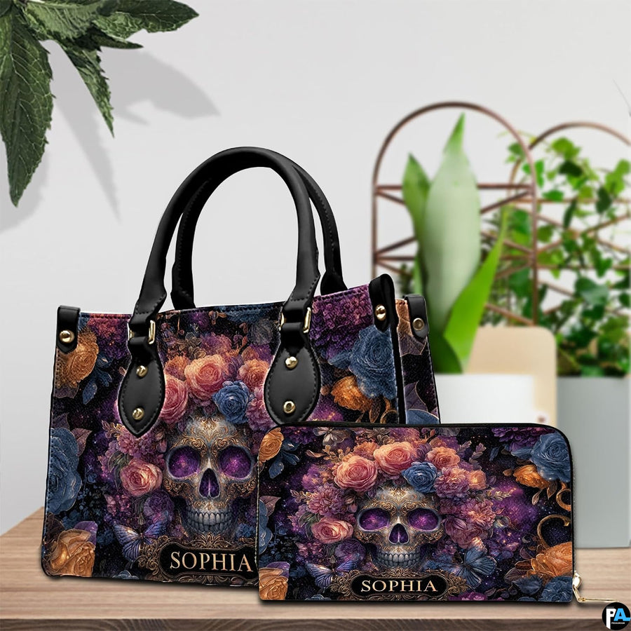 Cosmic skull floral handbag on white wooden table beside floral vase with texture swatch inset.