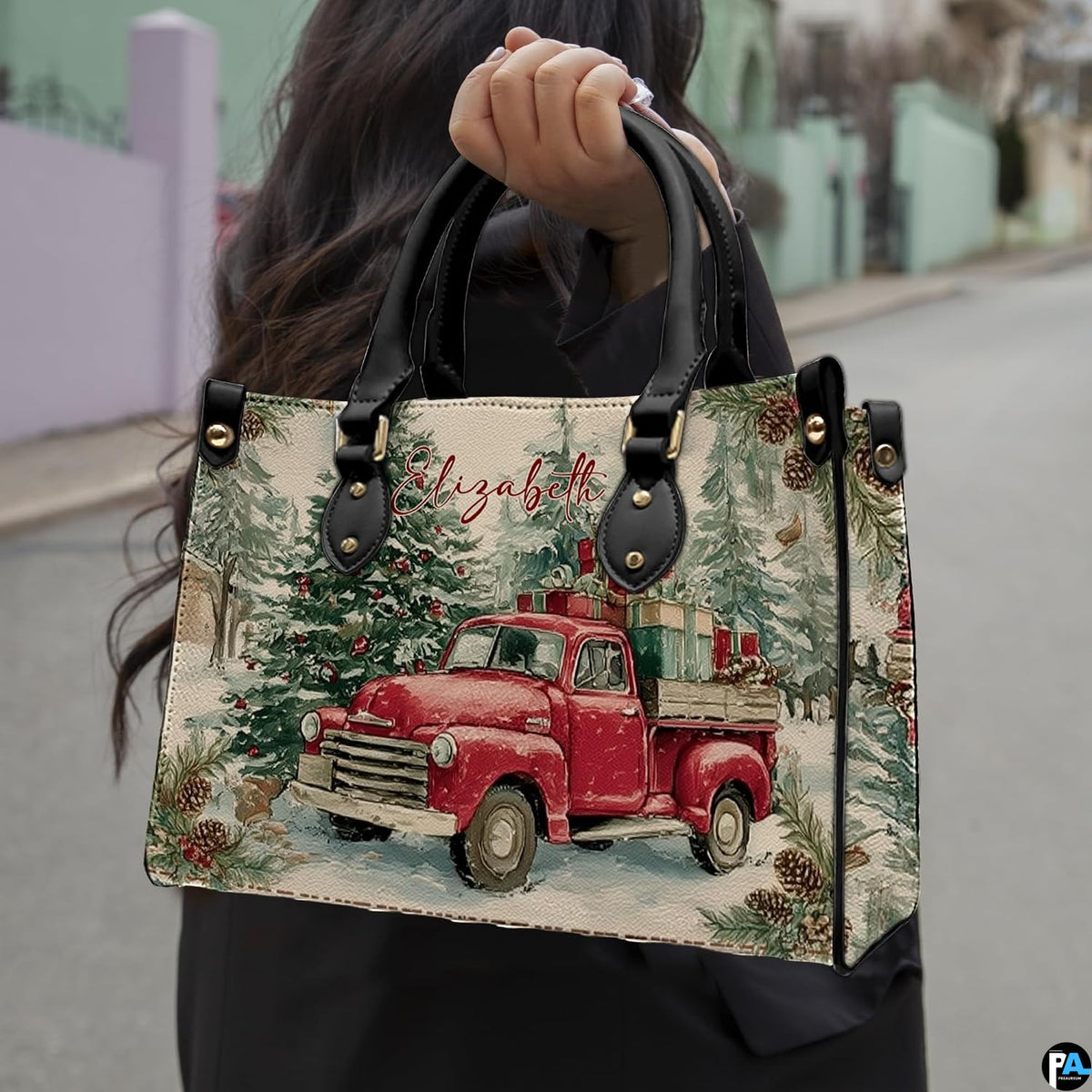 Matching wallet displaying vintage red Christmas pickup truck and snowy pine trees