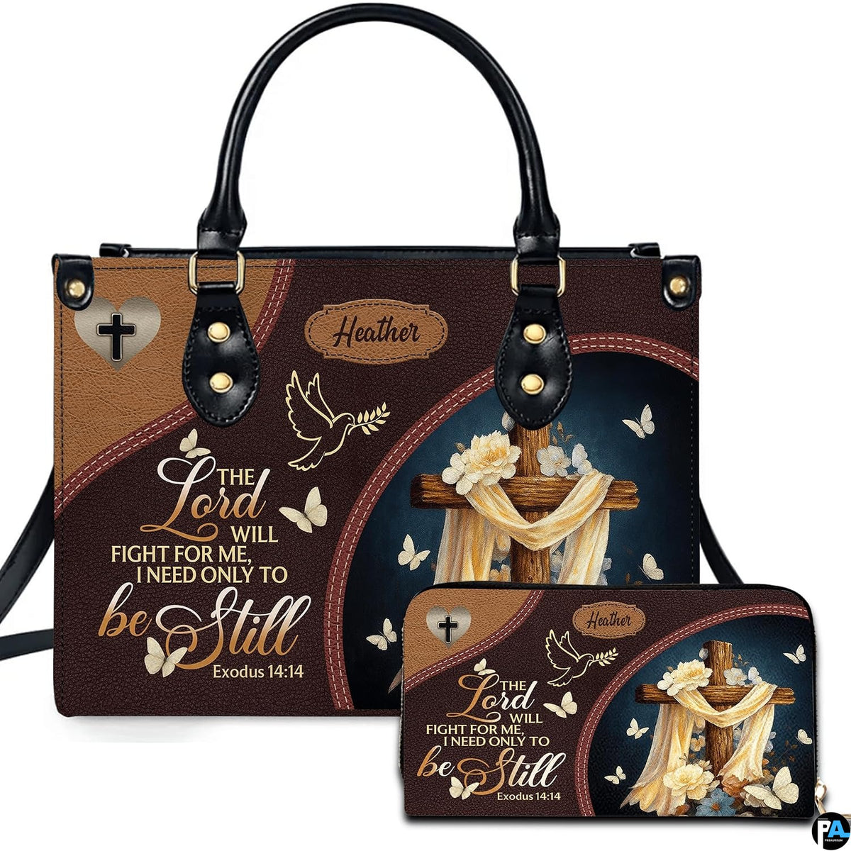 Christian faith wooden cross scripture handbag and matching wallet set displayed upright on white background.