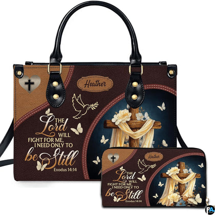 Christian faith wooden cross scripture handbag and matching wallet set displayed upright on white background.