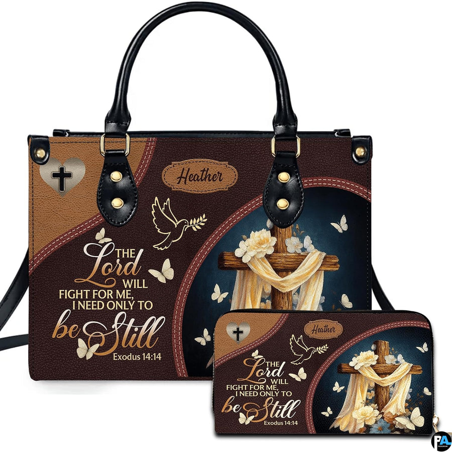 Christian faith wooden cross scripture handbag and matching wallet set displayed upright on white background.