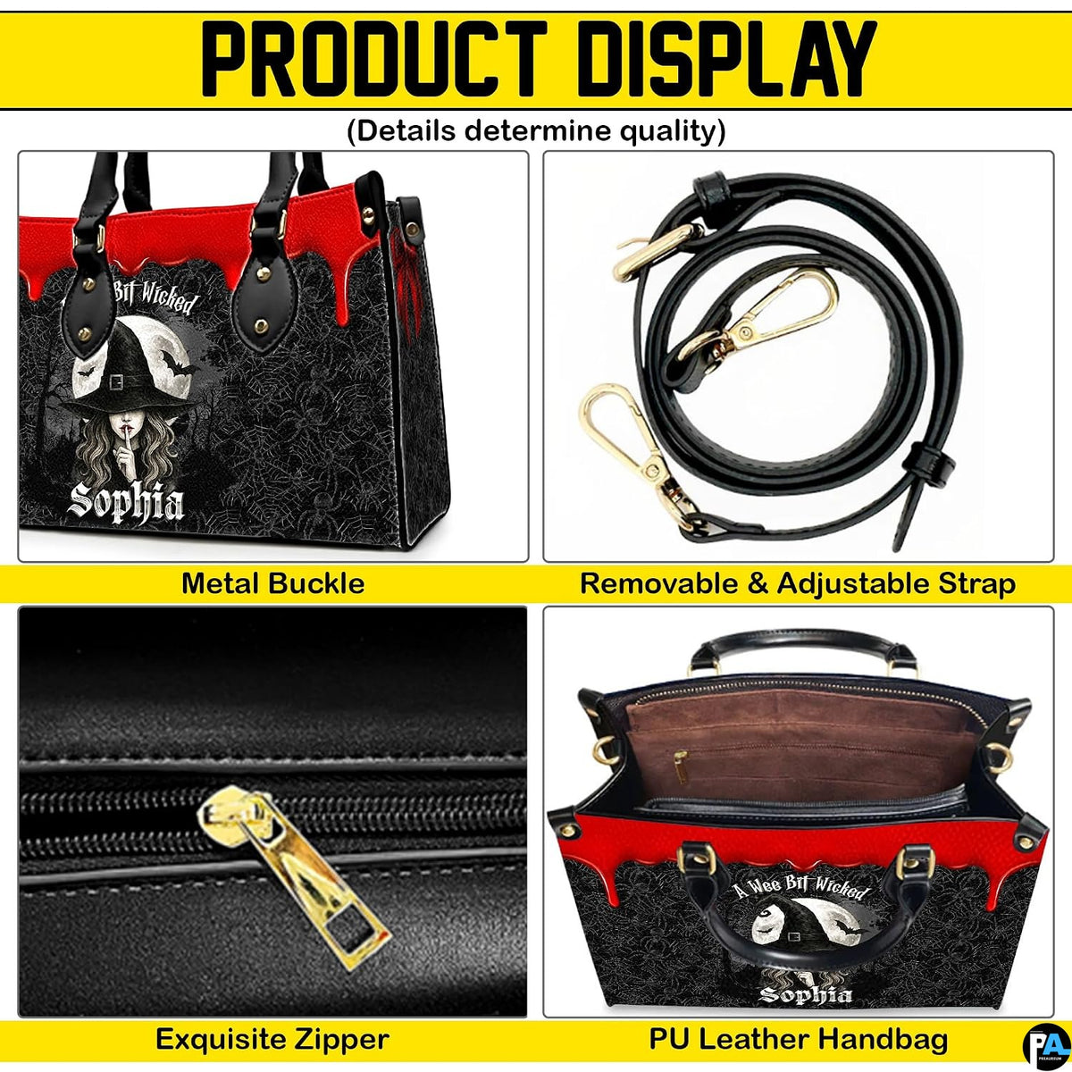 Close overview highlighting metallic hardware accents, sliding fastener, and interior lining pattern.