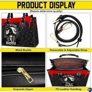 Close overview highlighting metallic hardware accents, sliding fastener, and interior lining pattern.