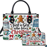 Hot cocoa purse and matching wallet featuring watercolor gingerbread cookie and holiday knitwear.