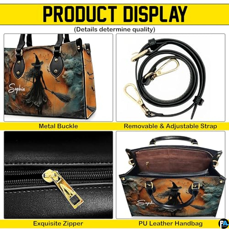 Personalized Halloween Leather Handbag – Custom Witch 3D Printing Effect Purses For Women – Spooky Gothic Shoulder Bag
