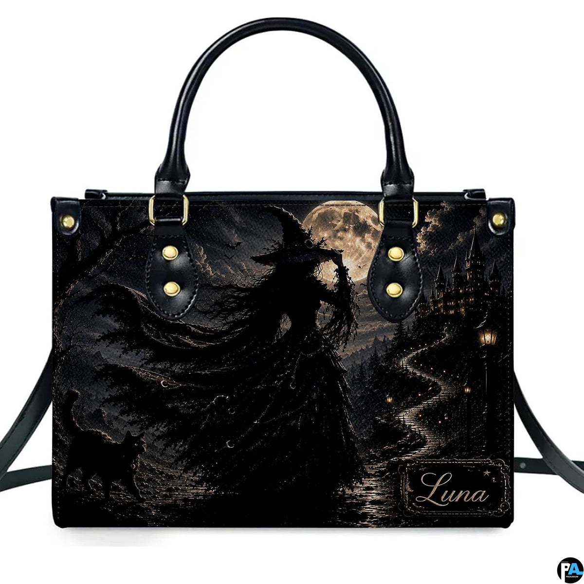 Front view of the gothic witch artwork accessory centered against a solid white studio setting.