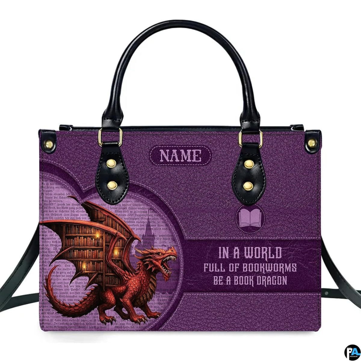 Fantasy book dragon violet handbag displayed alone on white studio background.