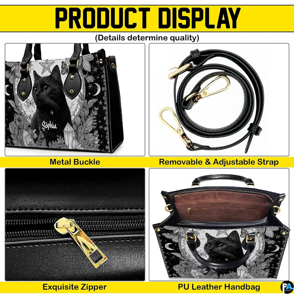 Four-panel showcase illustrating design details, hardware, and interior layout.