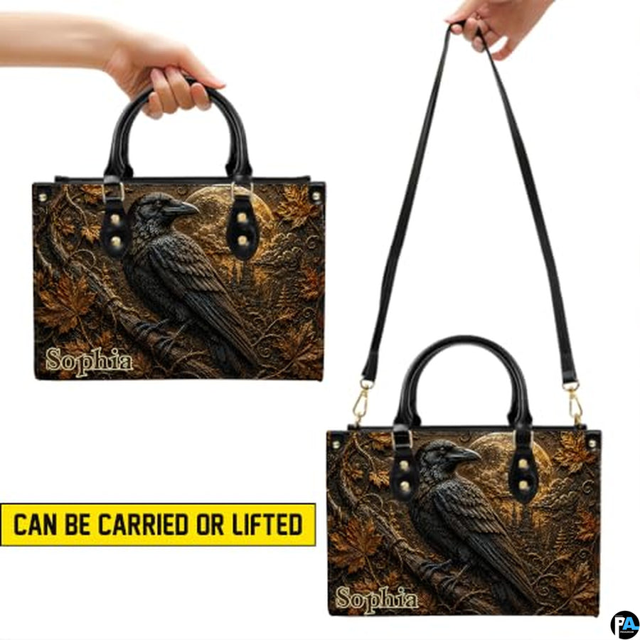 Personalized Halloween Gothic Leather Handbag Custom Raven Black Cat Purse Dark Fantasy Shoulder Bag Gift for Women