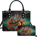 Mandala dot art sea turtle handbag and matching wallet set featuring bohemian pointillism.