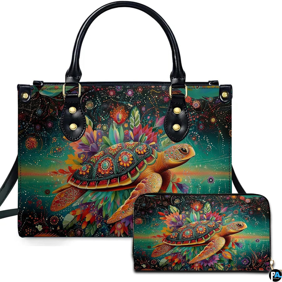 Mandala dot art sea turtle handbag and matching wallet set featuring bohemian pointillism.