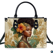 Studio front view showcasing Black woman portrait, orange hibiscus bloom, and golden filigree.