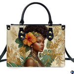 Studio front view showcasing Black woman portrait, orange hibiscus bloom, and golden filigree.