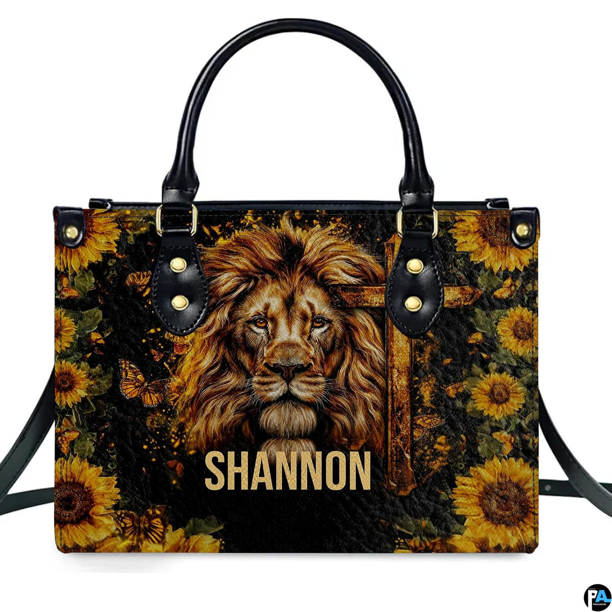 Side profile view of structured lion sunflower cross handbag.