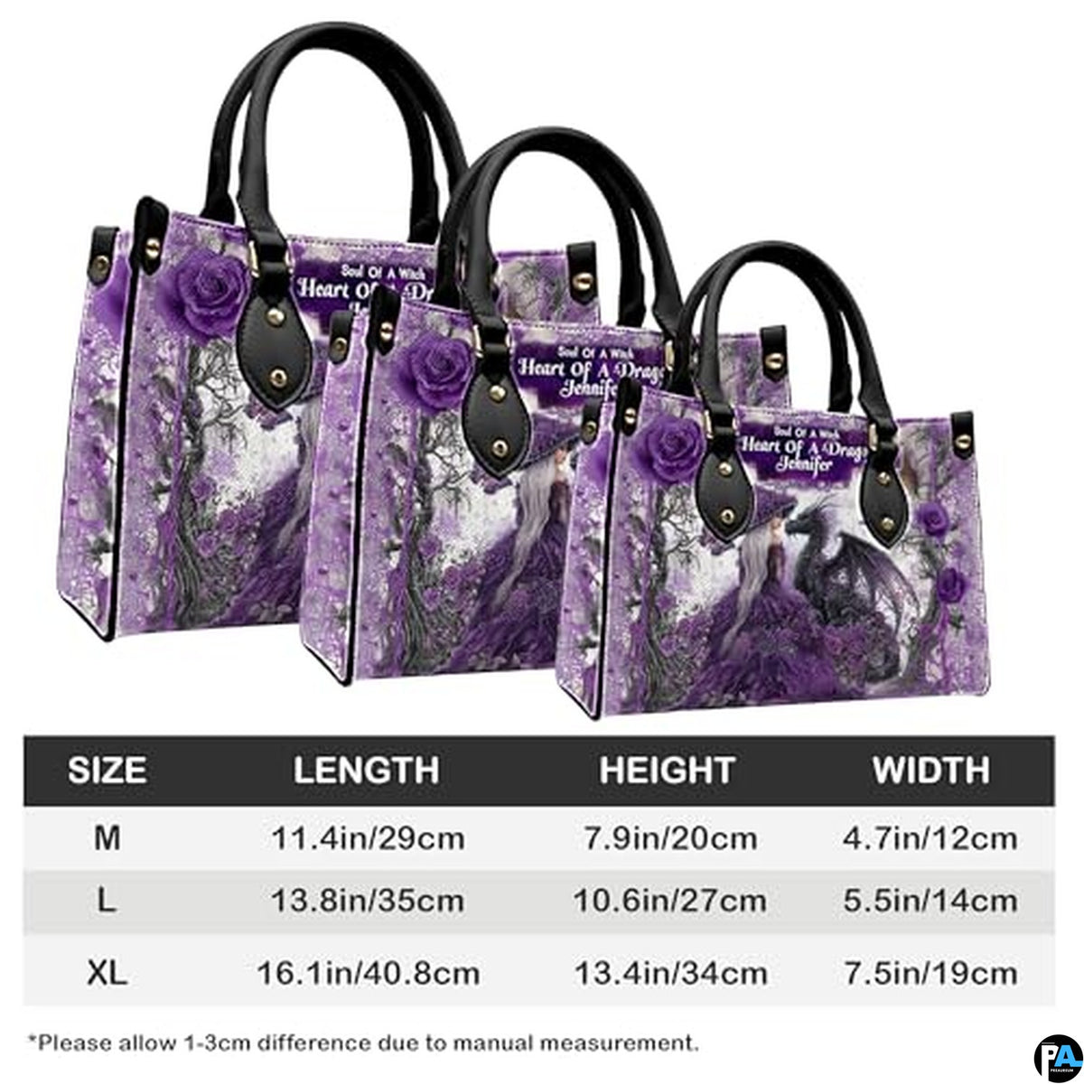 Personalized Purple Witch and Dragon Art Handbag