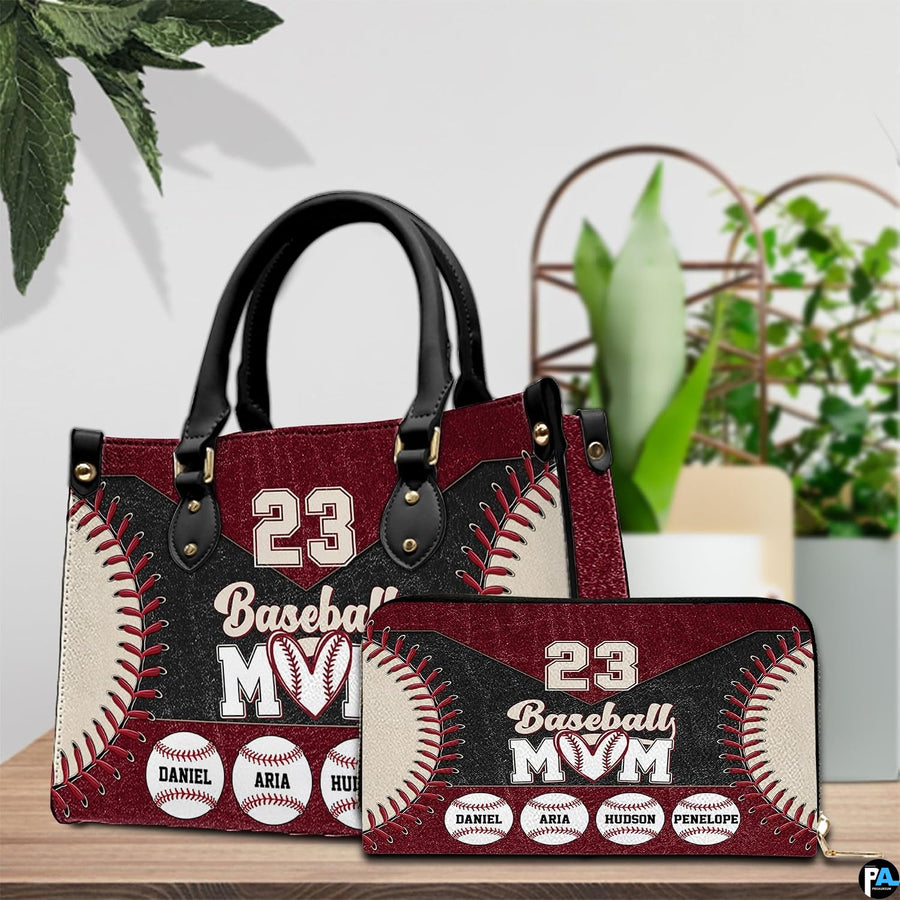 Matching zip wallet featuring coordinated curved baseball laces and maroon athletic styling.