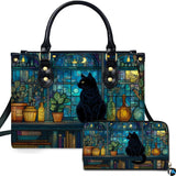 Cat on Crescent Moon Stained Glass Nocturnal Library Art Design