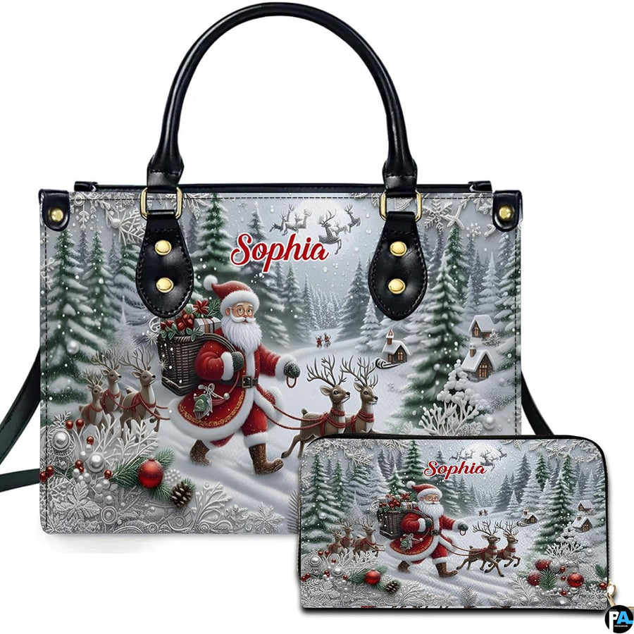 Front view of holiday winter wonderland accessory set featuring Santa Claus, reindeer, and flowing script.