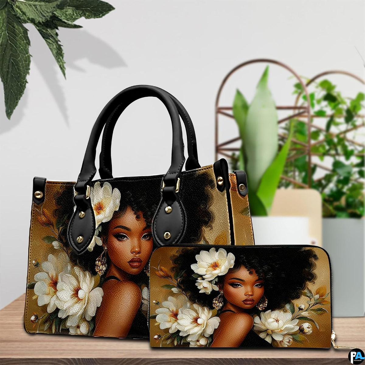 Side by side display featuring coordinated larger and compact matching items with floral portrait.