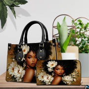 Side by side display featuring coordinated larger and compact matching items with floral portrait.