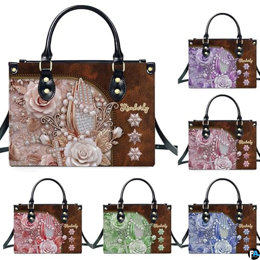 Custom Religious Praying Hands Rose Handbag for Christian Women