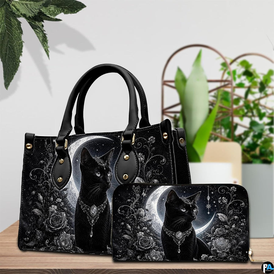 Indoor table view featuring crowned black cat artwork and companion accessory beside houseplants.