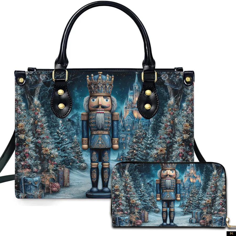 PREAUREUM "Santa, Snowman & Nutcracker Prints Festive Purse" Personalized Christmas Leather Handbag