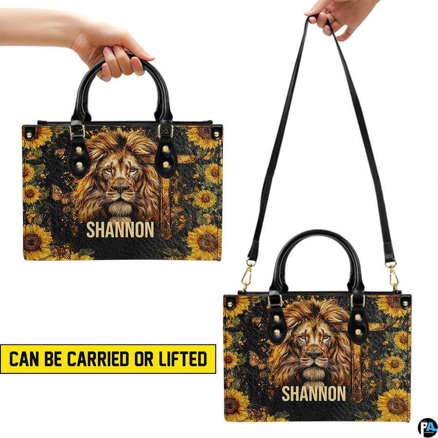 Matching zip wallet displaying coordinated lion portrait, rustic cross, and golden sunflowers.