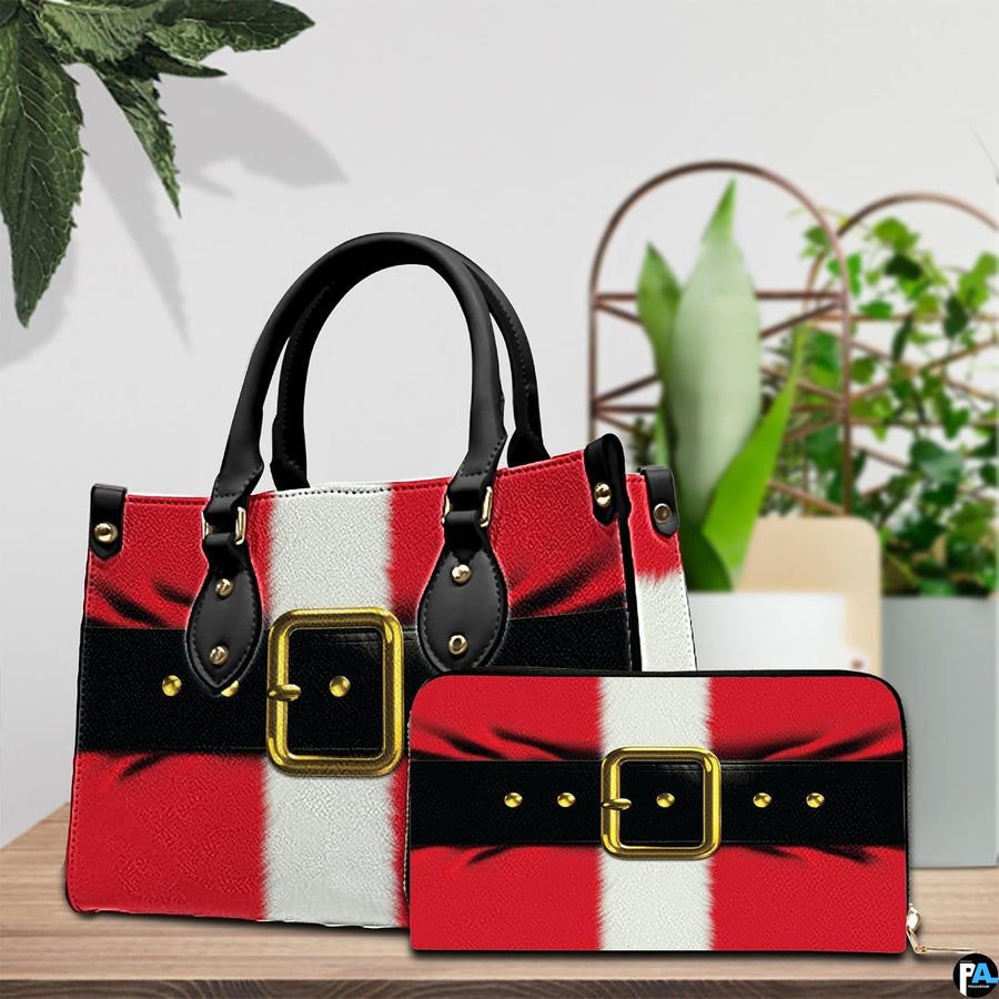 Holiday handbag and matching zippered wallet displayed together on tabletop in front of green house plants.