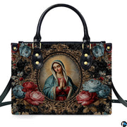 Handbag displayed outdoors in daylight showing rich damask floral background.