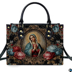 Handbag displayed outdoors in daylight showing rich damask floral background.
