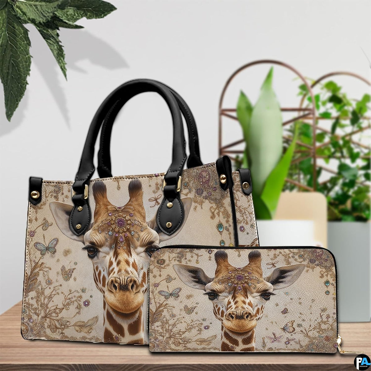 Side profile view of structured giraffe handbag highlighting sleek form and dark carrying handles.