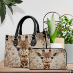 Side profile view of structured giraffe handbag highlighting sleek form and dark carrying handles.