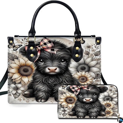 Baby black Highland calf with pink plaid bow and sunflowers depicted on handbag and matching wallet.