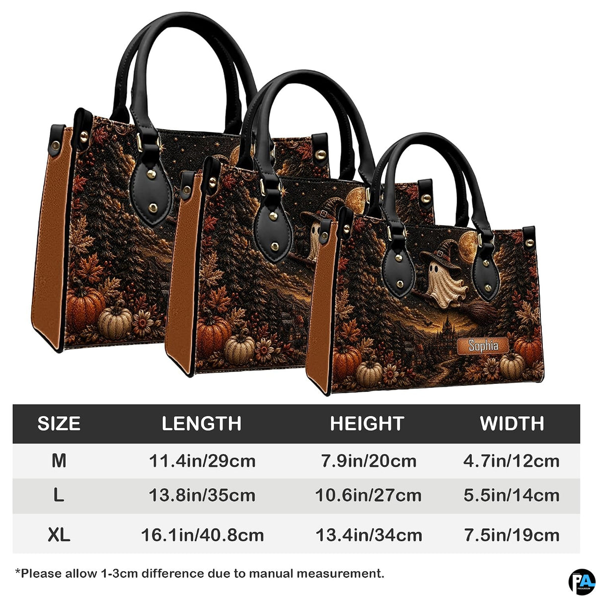 Dimensional measurement overview infographic displaying structural proportions of satchel.