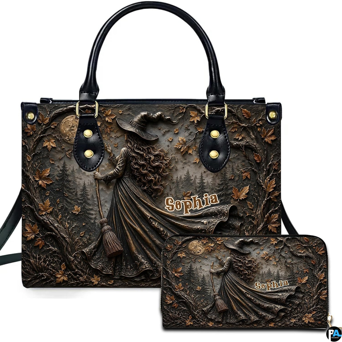 Personalized Witch Handbag with Purse, Custom Name Gothic Leather Bag Set for Women, Halloween Shoulder Bag, Witch Gift