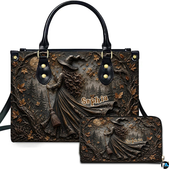 Personalized Witch Handbag with Purse, Custom Name Gothic Leather Bag Set for Women, Halloween Shoulder Bag, Witch Gift