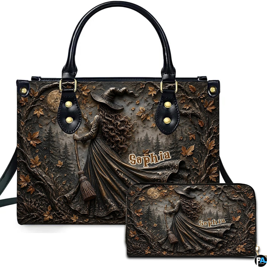 Personalized Witch Handbag with Purse, Custom Name Gothic Leather Bag Set for Women, Halloween Shoulder Bag, Witch Gift