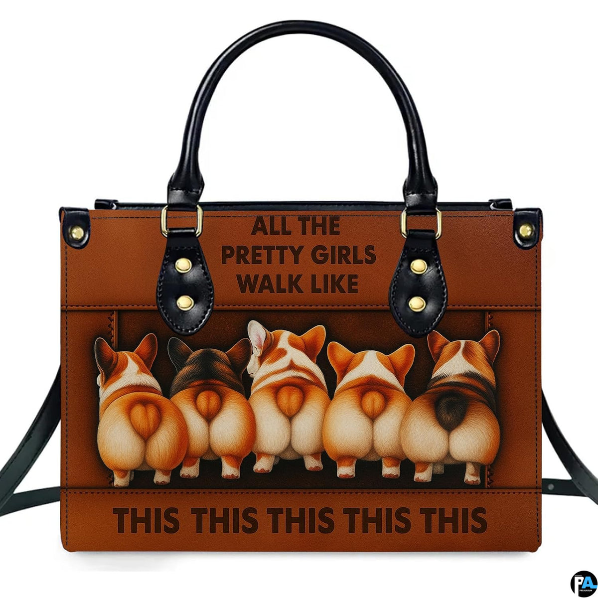 Front view displaying playful corgi pups arranged in a row across a rich brown accessory.